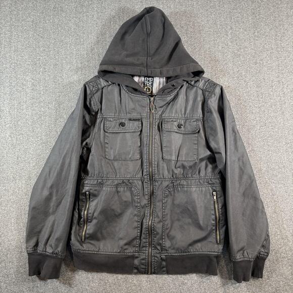 Empyre Jacket Mens Large Black Hooded Zip Bomber Epaulettes Pockets Ribbed Hem - Picture 10 of 11